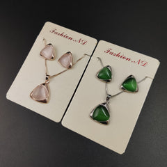 Vintage Luxury Silver/Gold Color Opal Stone Pendant Necklace and Earring Set