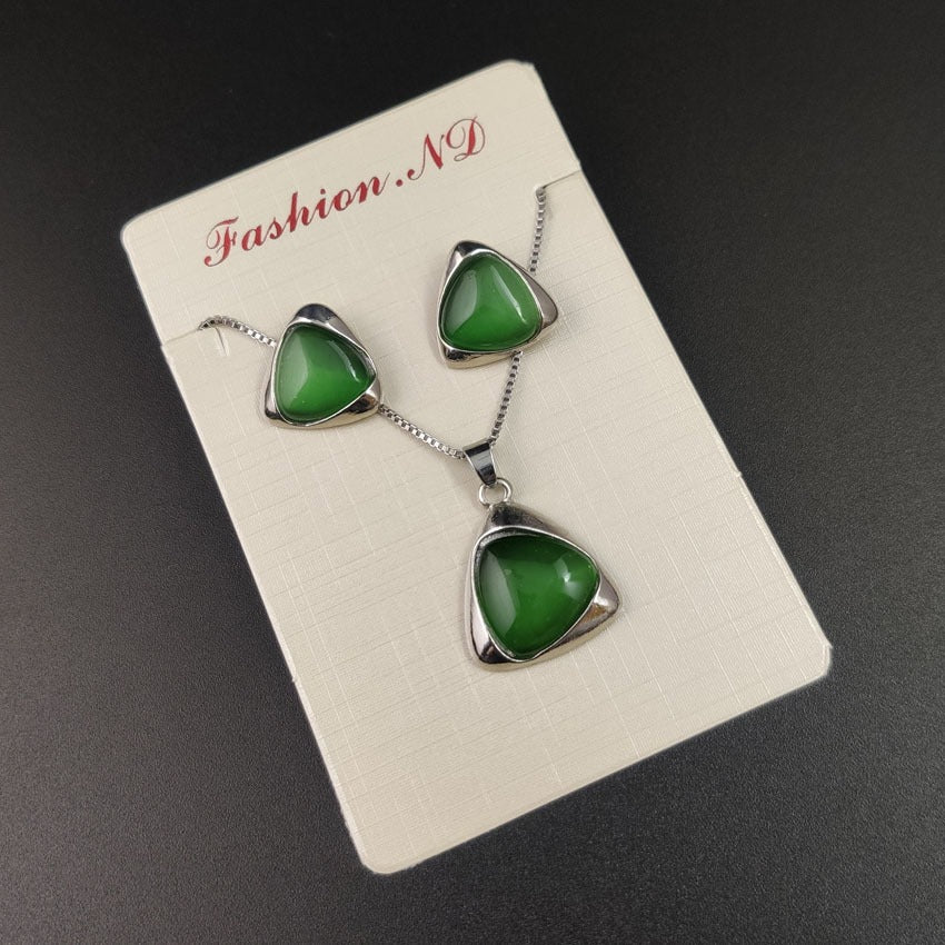 Vintage Luxury Silver/Gold Color Opal Stone Pendant Necklace and Earring Set - Zi Collection Hub