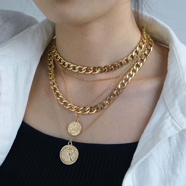 Punk Gold Portrait Coin Pendant Necklace