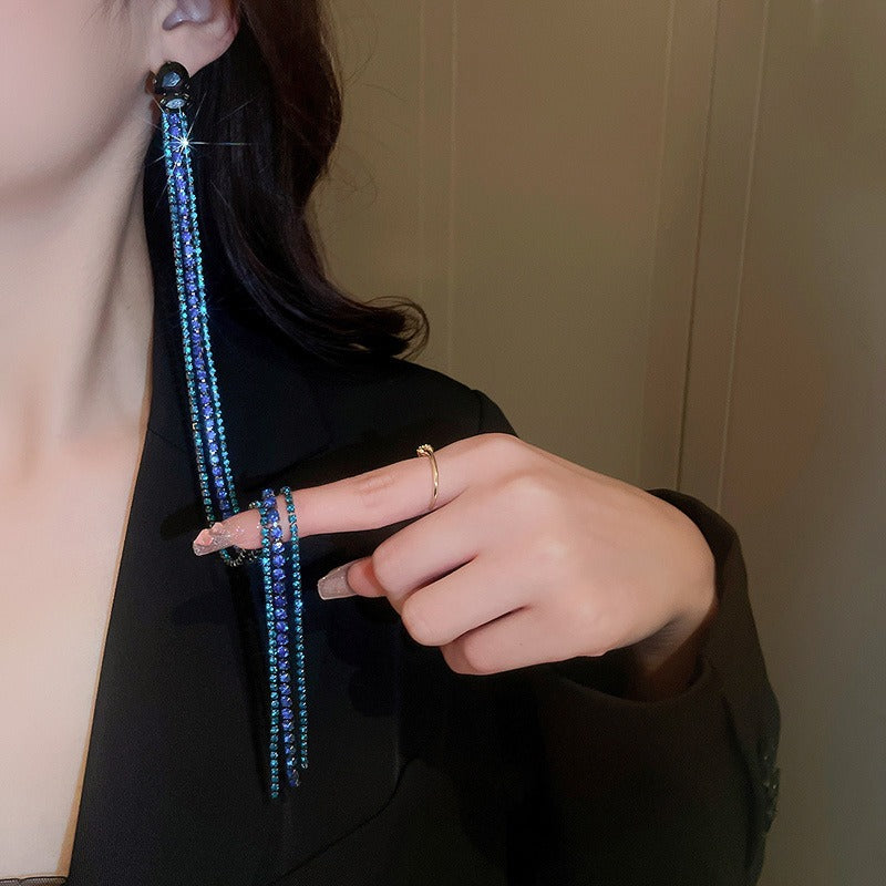 Blue Diamond Long Tassel Earrings