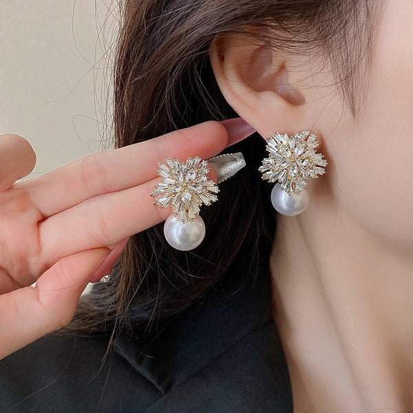 Diamond Flower Pearl Earrings