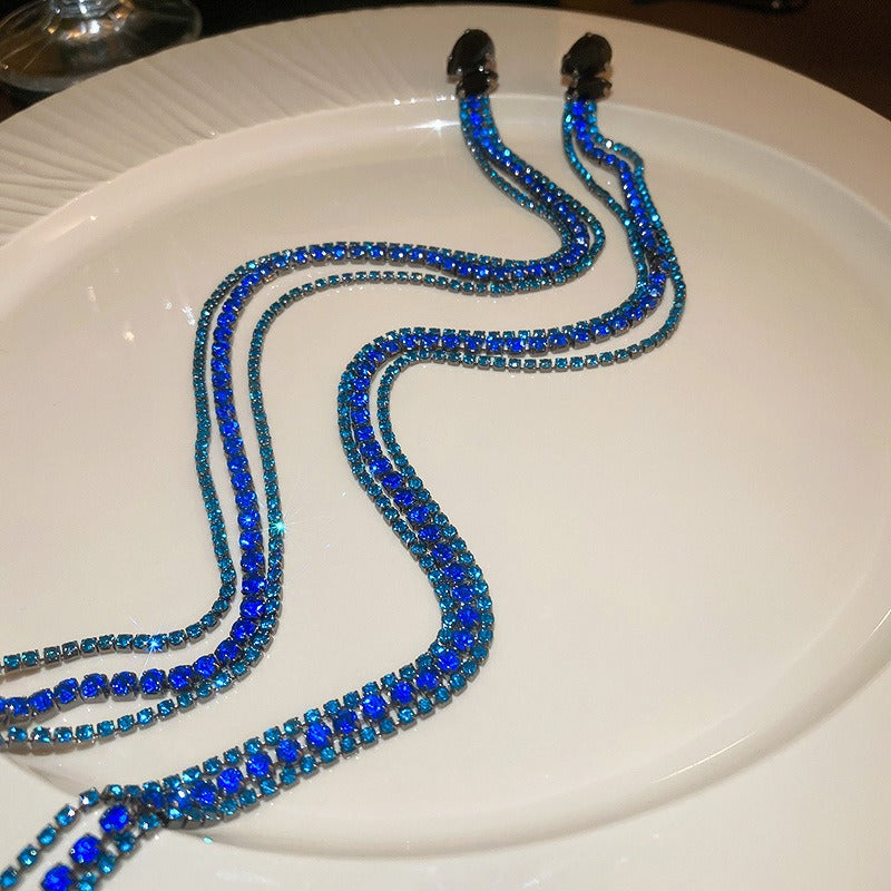 Blue Diamond Long Tassel Earrings