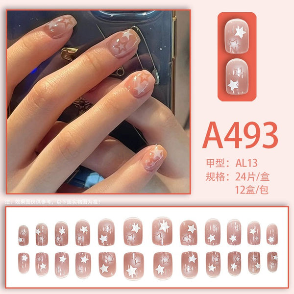 Short Star Light Color High-Grade White Natural Fake Nails  - 24Pcs