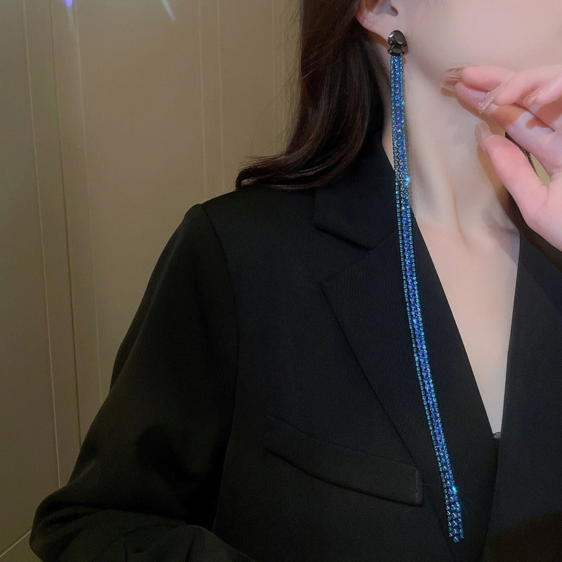 Blue Diamond Long Tassel Earrings