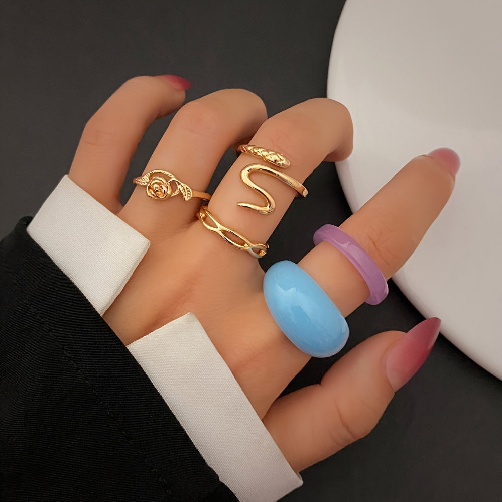 5pcs Exaggerated Resin Mosaic Snake Ring