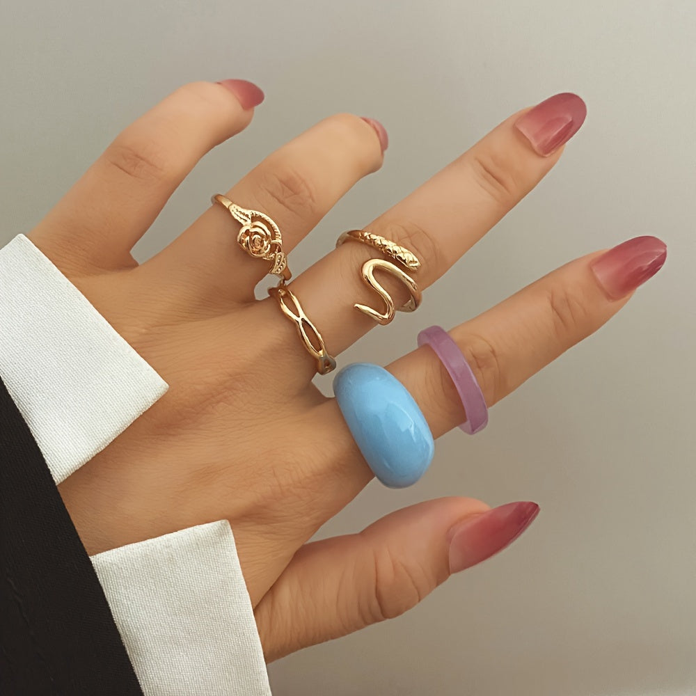 5pcs Exaggerated Resin Mosaic Snake Ring