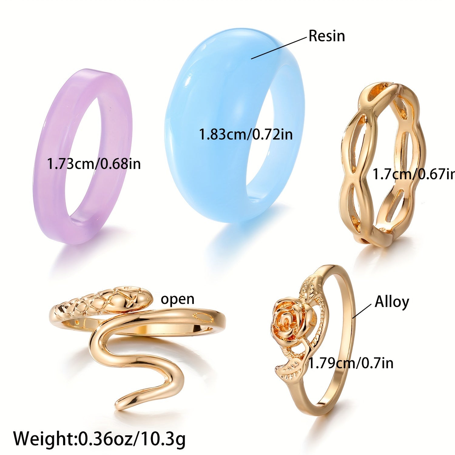 5pcs Exaggerated Resin Mosaic Snake Ring