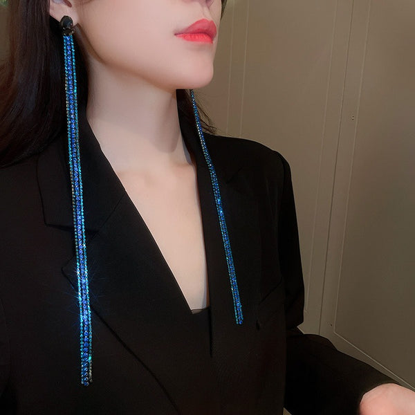 Blue Diamond Long Tassel Earrings