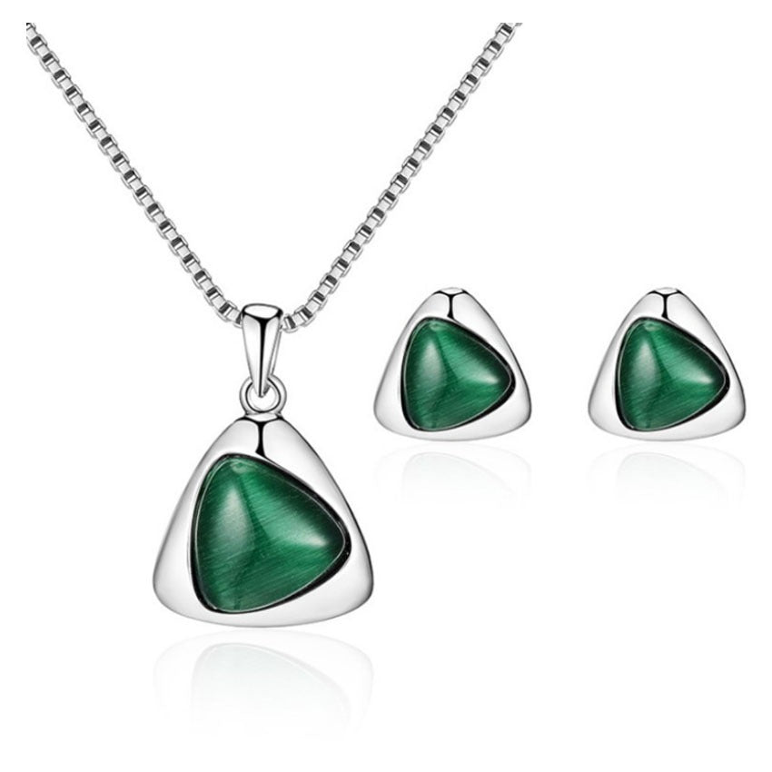 Vintage Luxury Silver/Gold Color Opal Stone Pendant Necklace and Earring Set - Zi Collection Hub