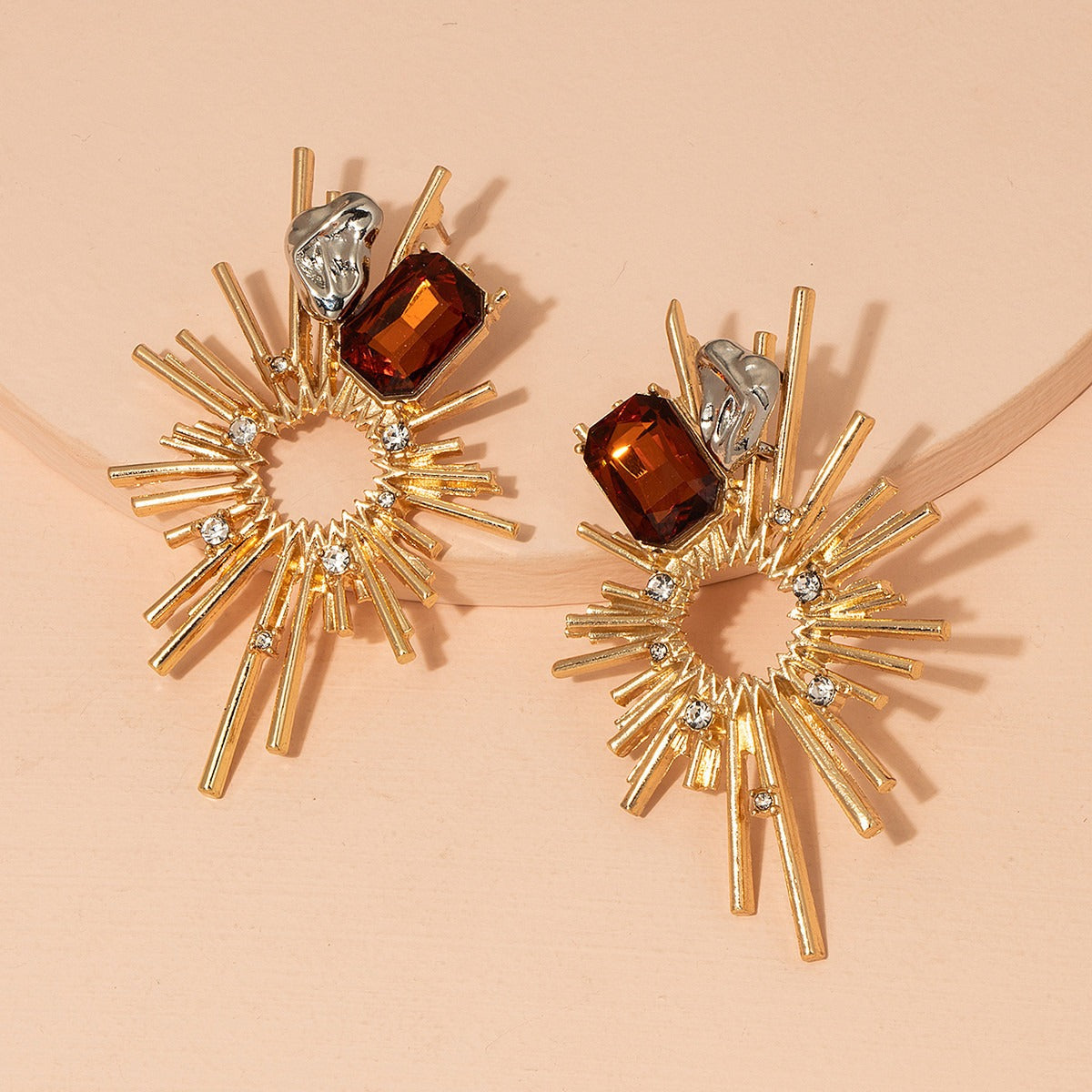 Geometric Gold-Plated Diamond Glass Hollow Earrings - Zi Collection Hub