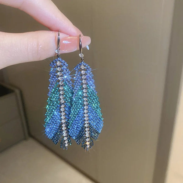 Feather Style Blue Rhinestone Dangle Earrings - Zi Collection Hub