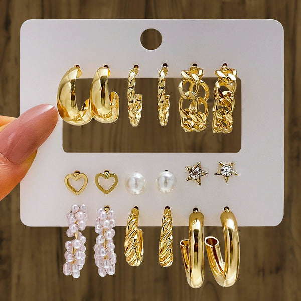 Gold & Pearl Earrings Set – 9 Pairs of Elegant Studs & Hoops ✨