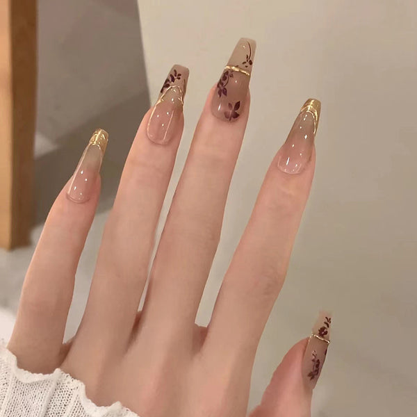 Autumn and Winter Leaf Fake Nails - 24Pcs