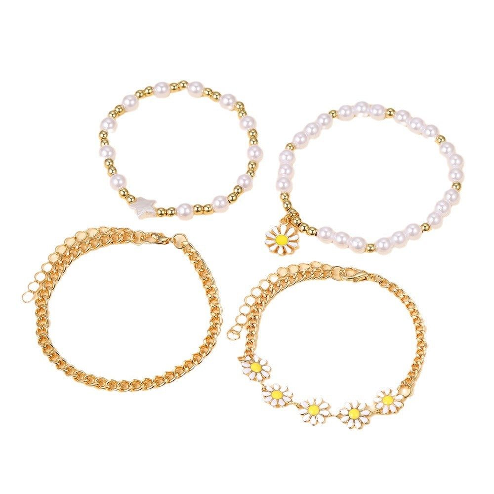 Gold Bead Pearl Bracelet Set 4-Piece