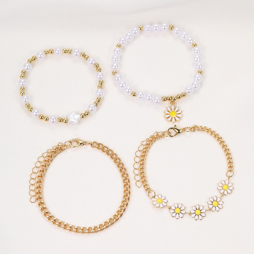Gold Bead Pearl Bracelet Set 4-Piece