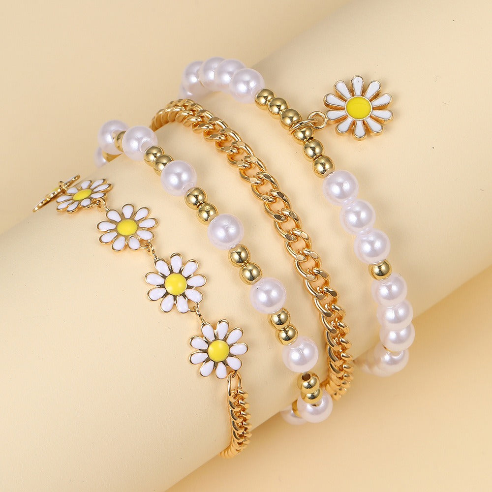 Gold Bead Pearl Bracelet Set 4-Piece