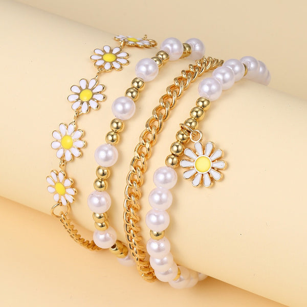 Gold Bead Pearl Bracelet Set 4-Piece