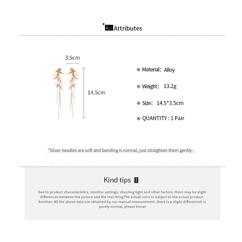 ER528 - Bamboo Leaf Tassel Metal Earrings