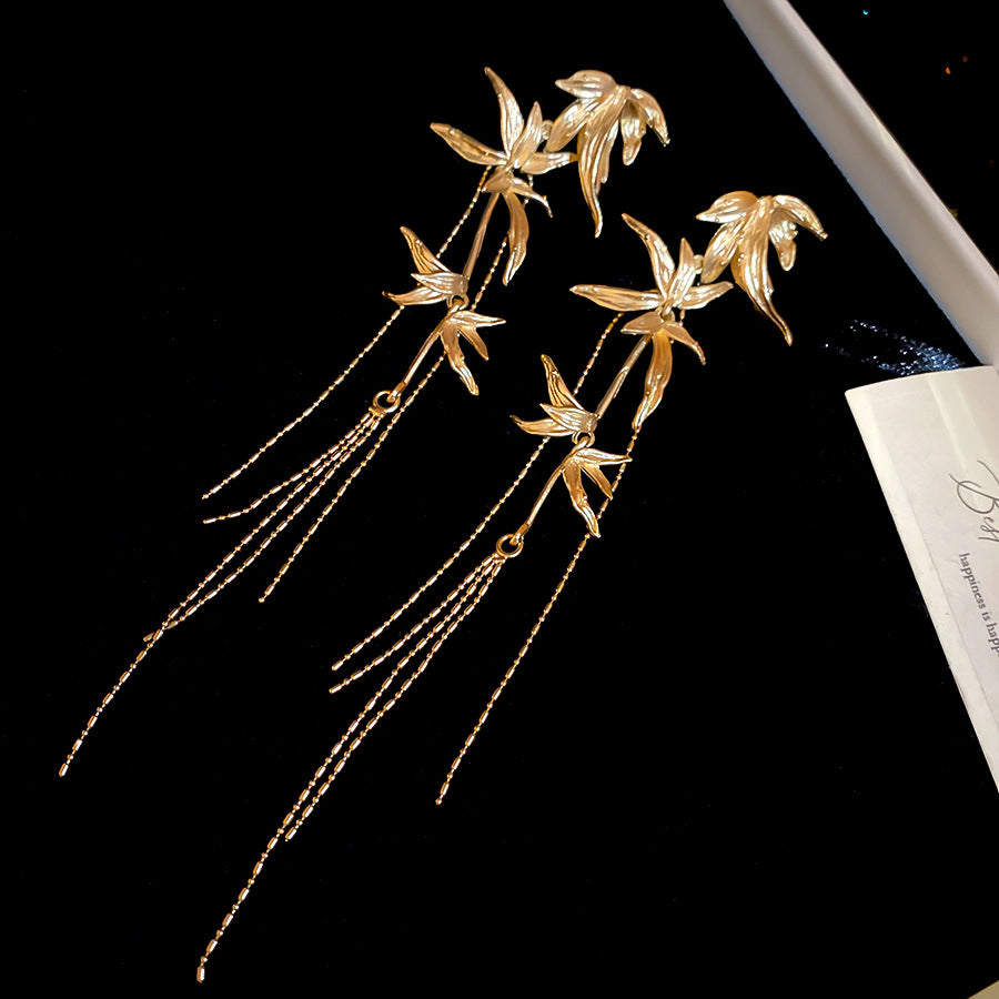 ER528 - Bamboo Leaf Tassel Metal Earrings