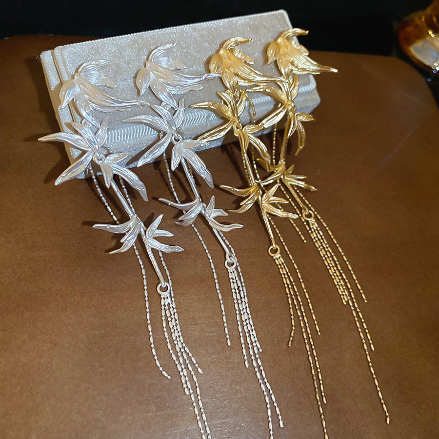 ER528 - Bamboo Leaf Tassel Metal Earrings