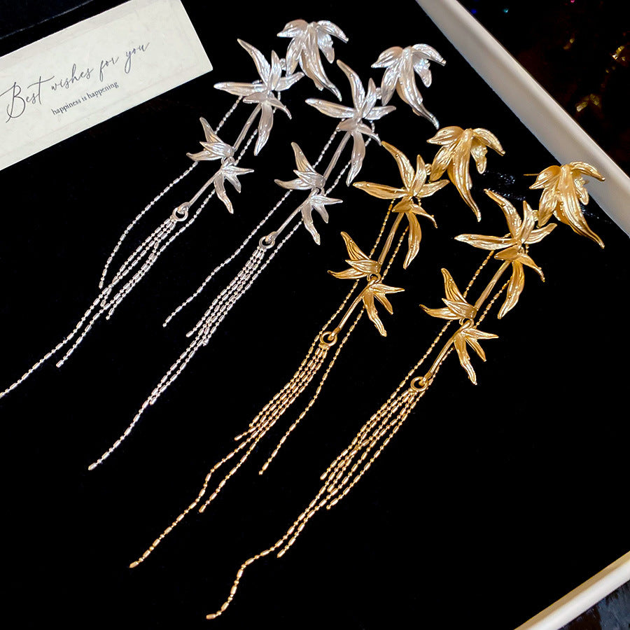 ER528 - Bamboo Leaf Tassel Metal Earrings