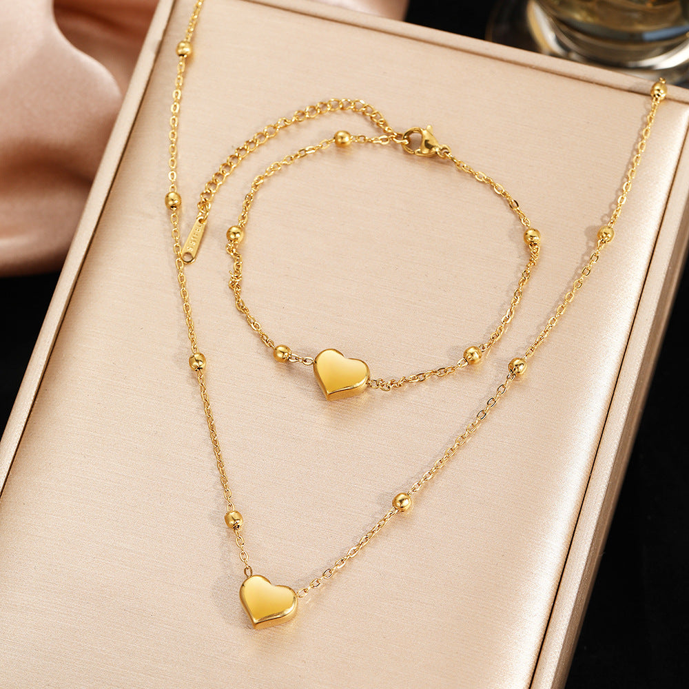 SJWSET01 - Beaded Heart Bracelet & Necklace Stainless Steel