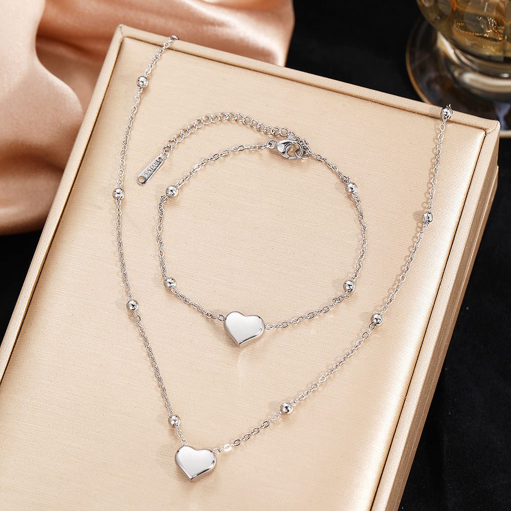 SJWSET01 - Beaded Heart Bracelet & Necklace Stainless Steel