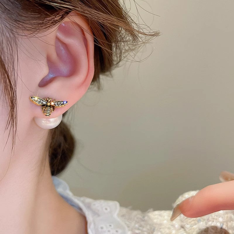ER485 - Bee insect Pearl Two-Way Earrings