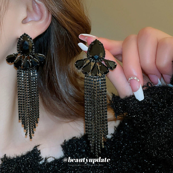 Black Crystal Tassel Statement Earrings – Bold & Glamorous 🖤✨