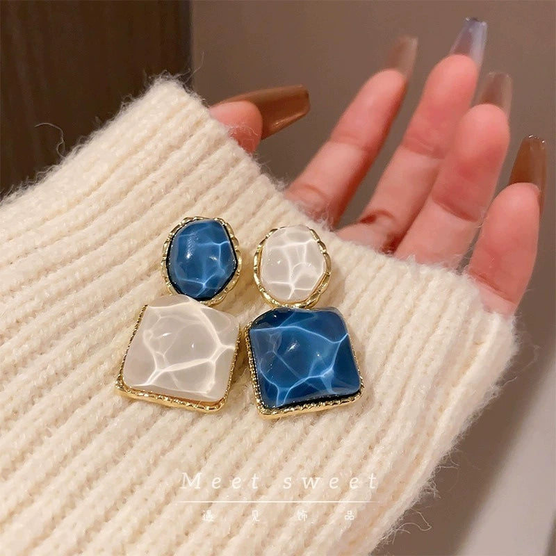 Blue & White Water Ripple Geometric Earrings