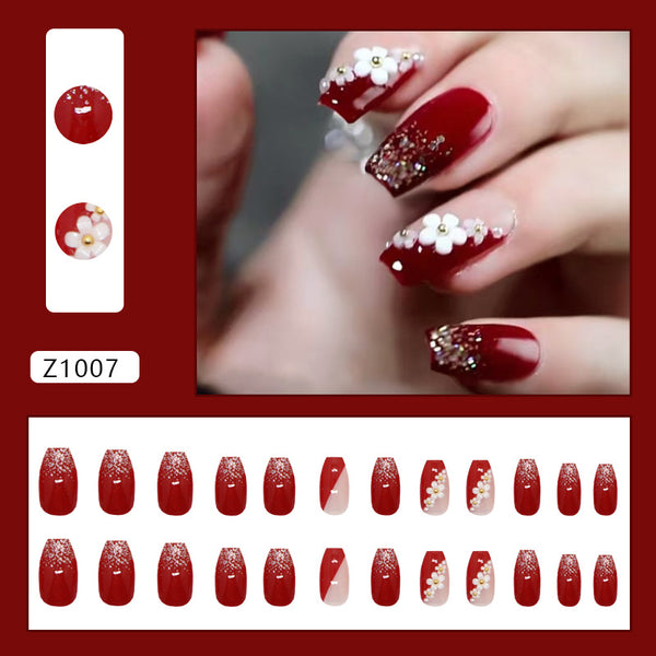 Burgundy Small Flower Gold Beads Fake Nails - 24Pcs