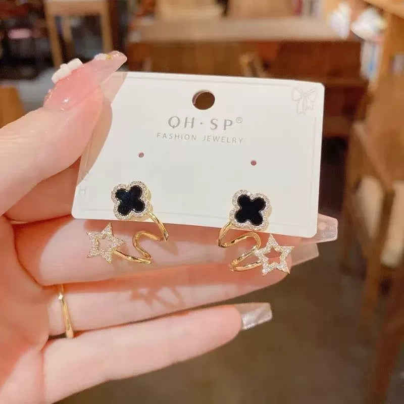 Chic Black Clover & Star Wrap Earrings