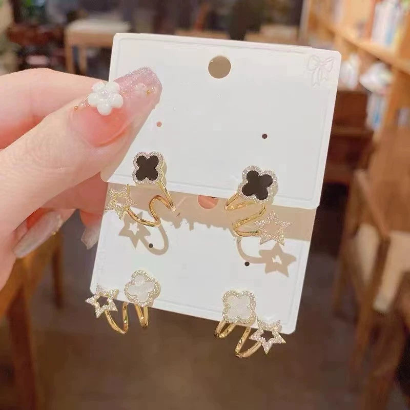 Chic Black Clover & Star Wrap Earrings