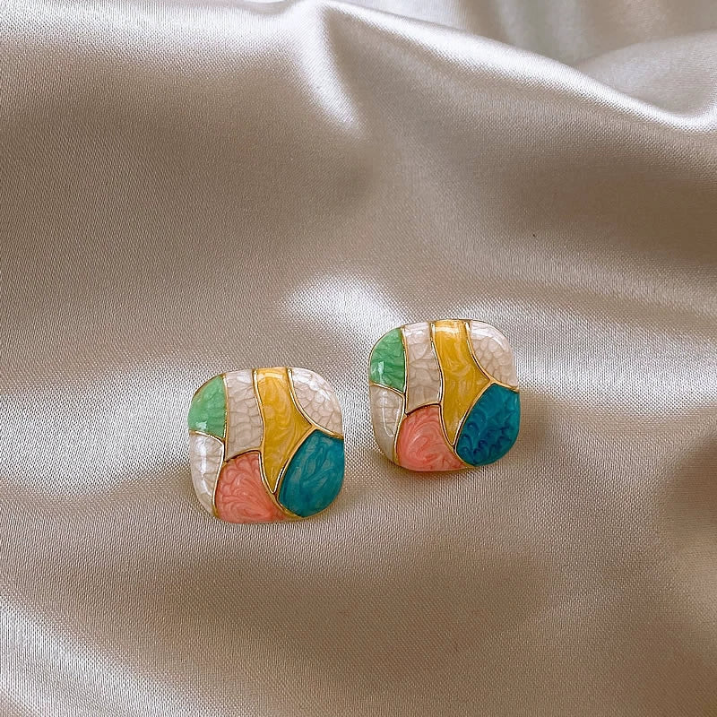 Colorful Mosaic Enamel Stud Earrings