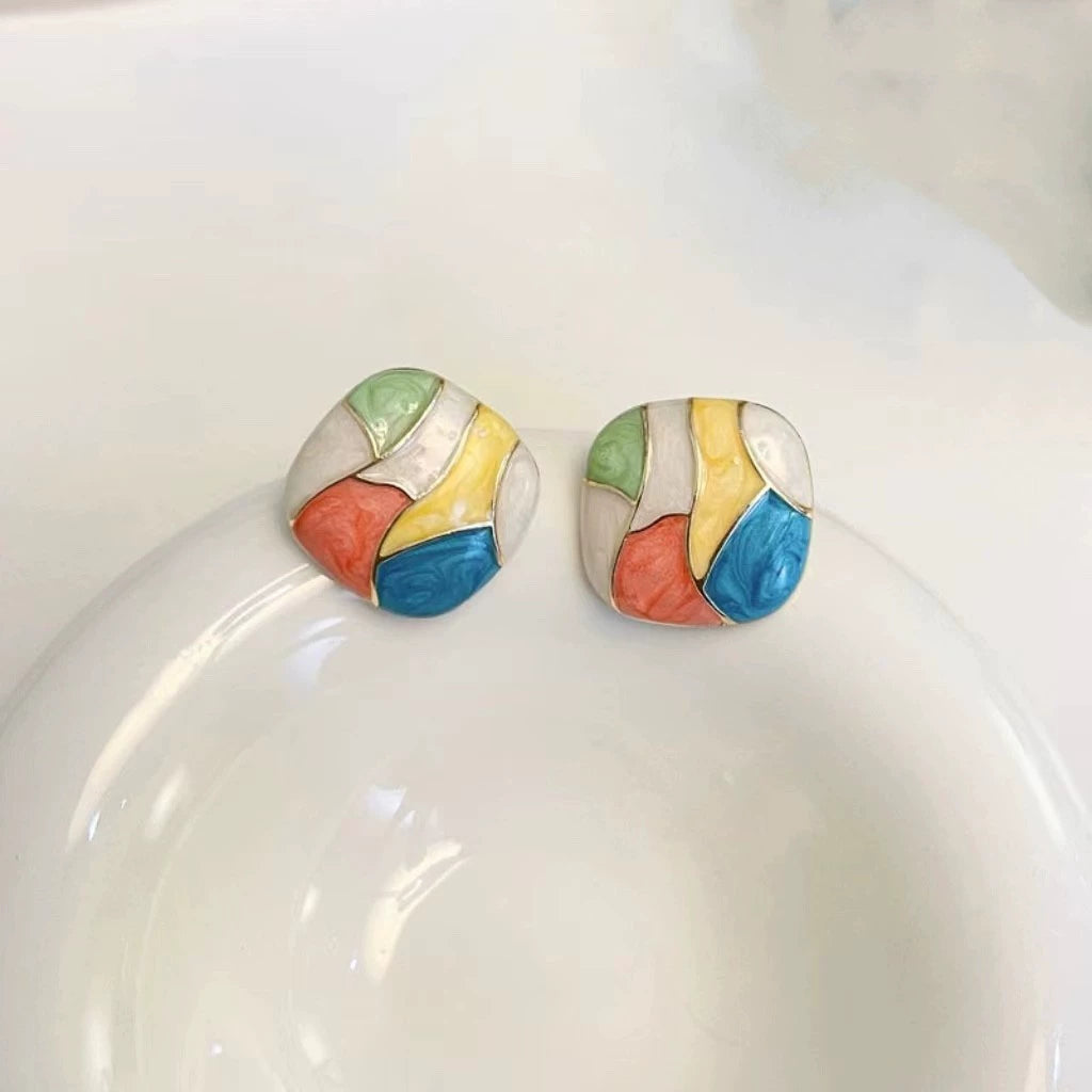 Colorful Mosaic Enamel Stud Earrings