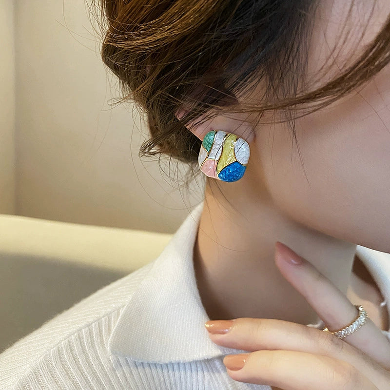 Colorful Mosaic Enamel Stud Earrings
