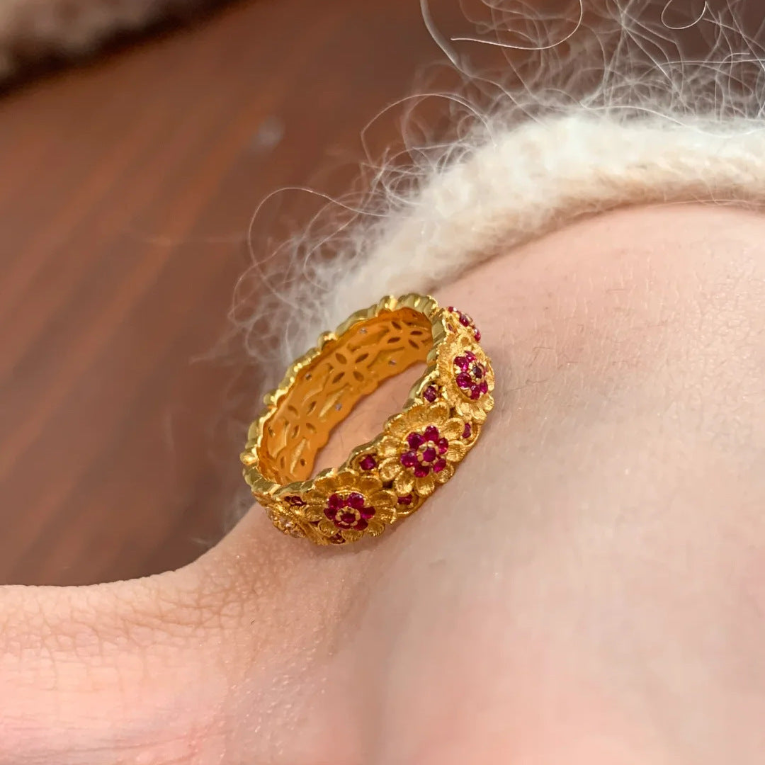 Double-Tone Brushed Sunflower Ring - Adjustable