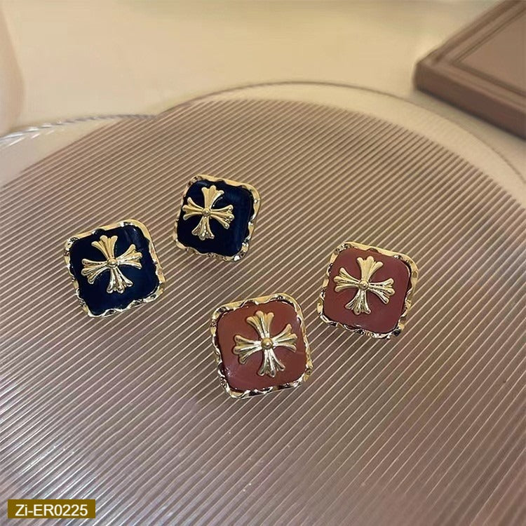 Leather Cross Square Earrings