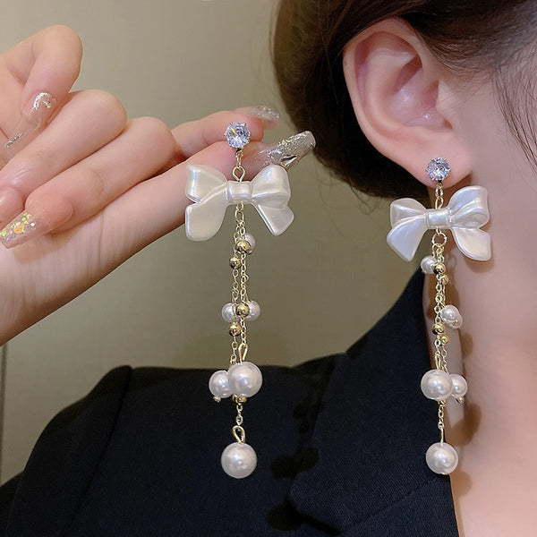 Retro Long Bow Pearl Tassel Earrings