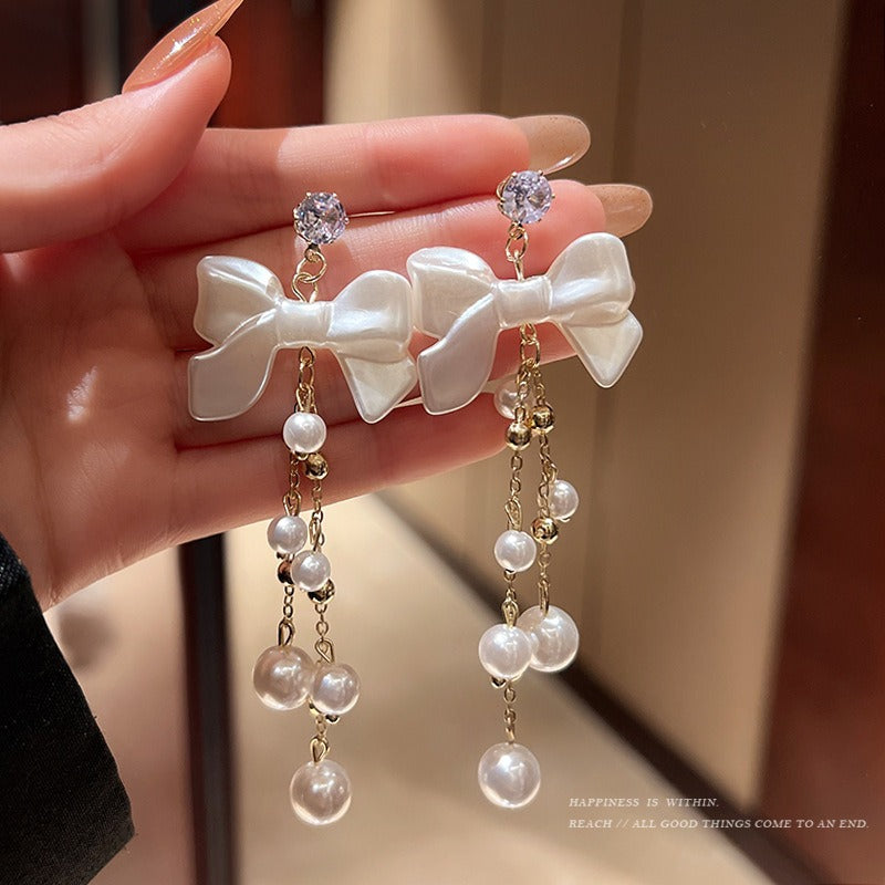 Retro Long Bow Pearl Tassel Earrings