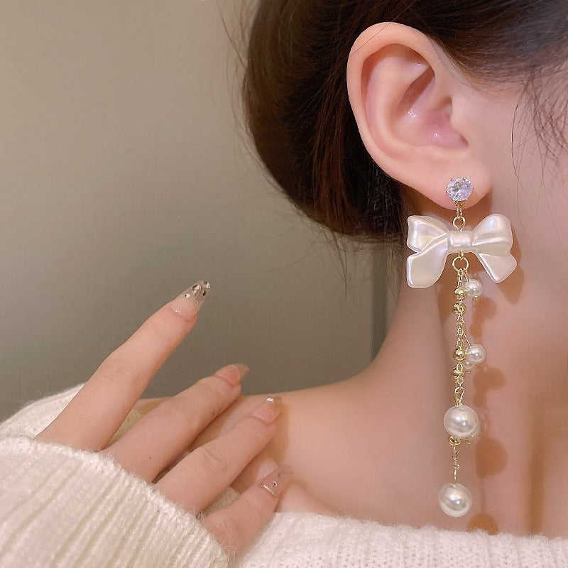 Retro Long Bow Pearl Tassel Earrings