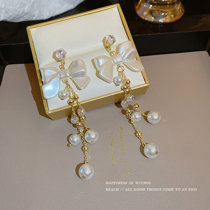 Retro Long Bow Pearl Tassel Earrings
