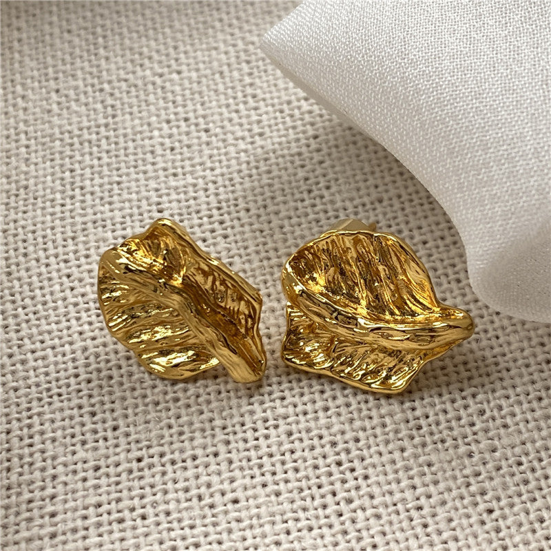 ER495 - Textured Leaf-Shaped Metal Stud Earrings