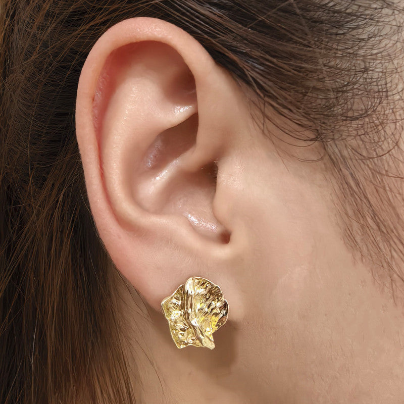 ER495 - Textured Leaf-Shaped Metal Stud Earrings