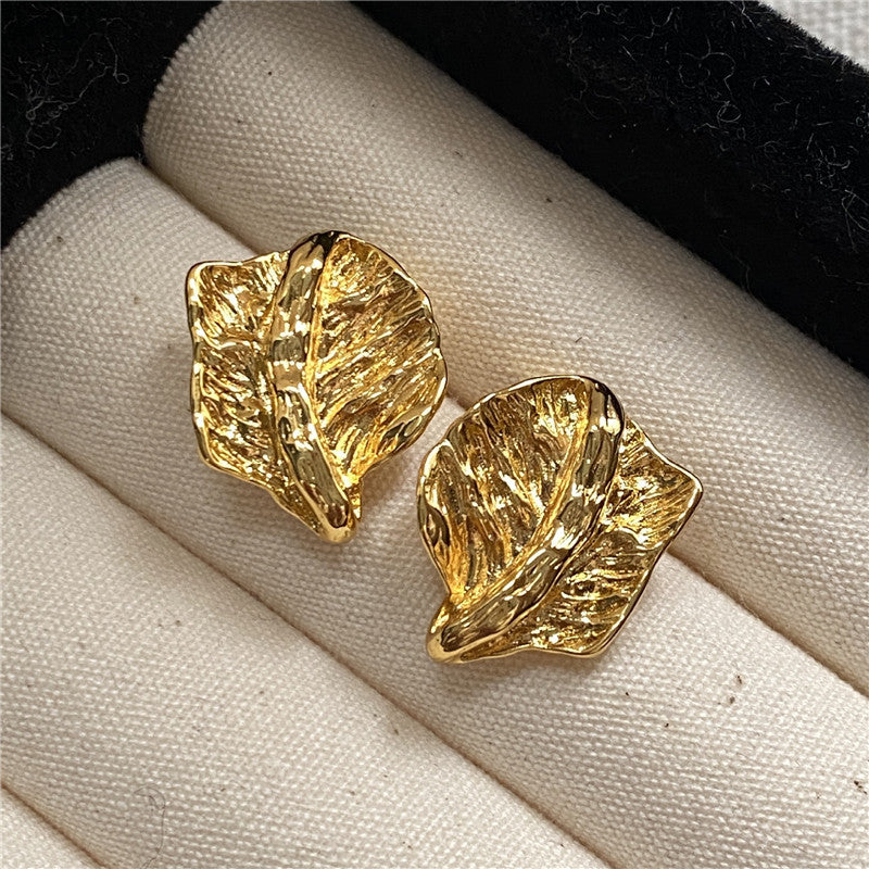 ER495 - Textured Leaf-Shaped Metal Stud Earrings