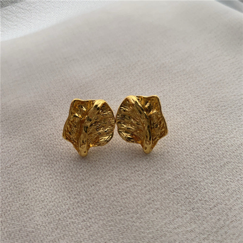ER495 - Textured Leaf-Shaped Metal Stud Earrings