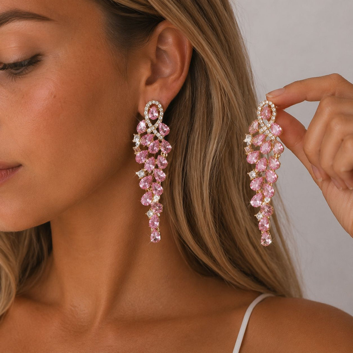 ER535 - Rhinestone Teardrop Tassel Earrings