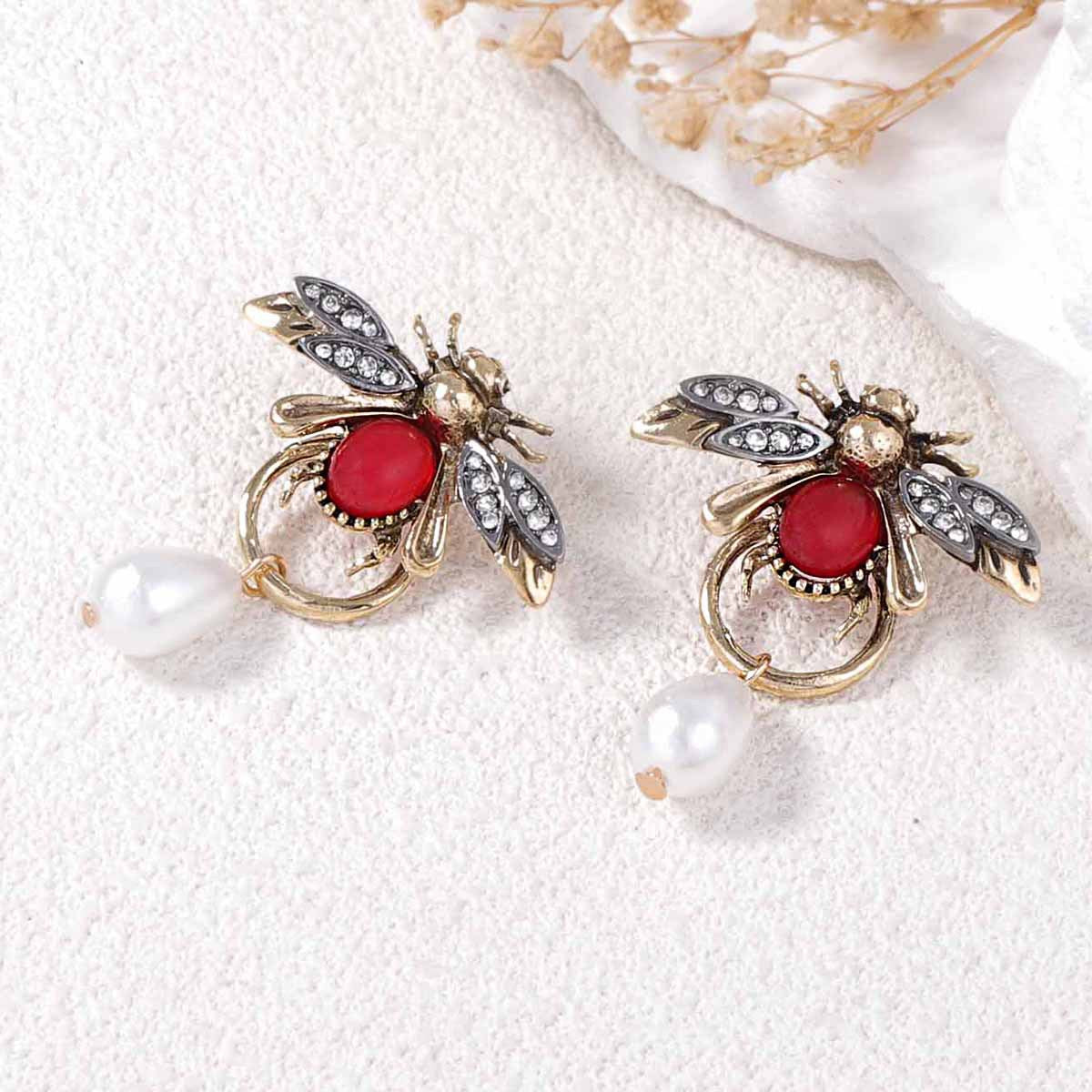 ER543 - ZA Insect Teardrop Imitation Pearl Earrings