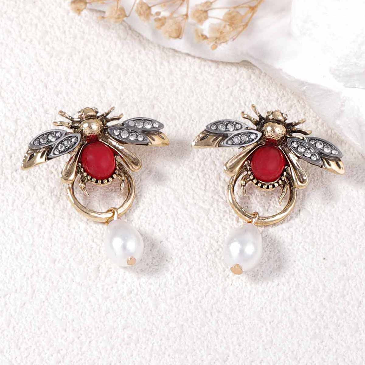 ER543 - ZA Insect Teardrop Imitation Pearl Earrings