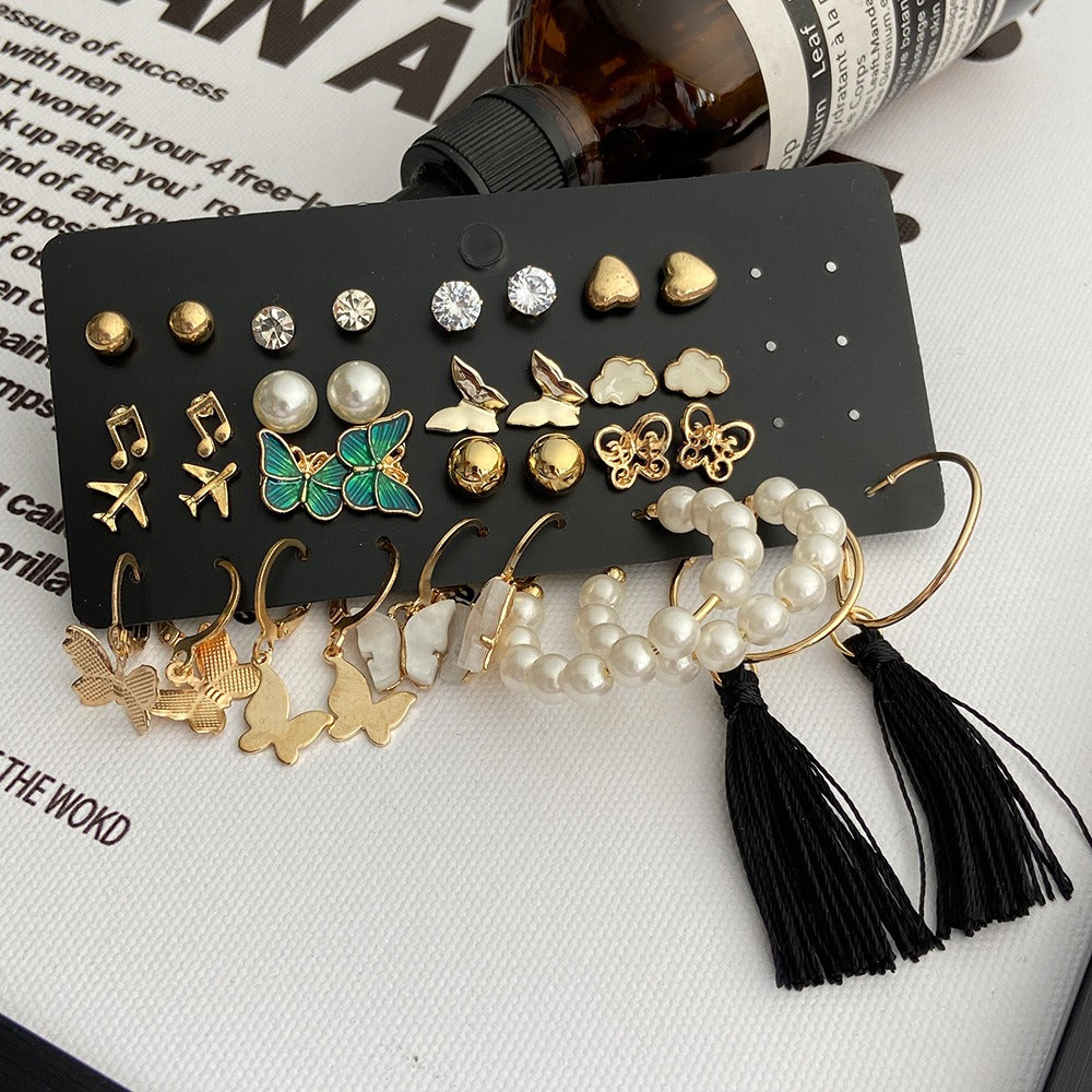Creative Retro Golden Butterfly Airplane Tassel Earrings Set